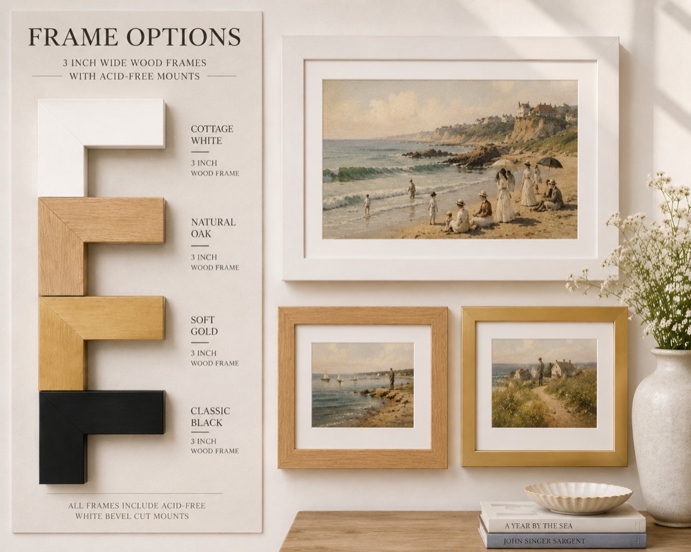 The four frame options: cottage white, natural oak, soft gold and classic black